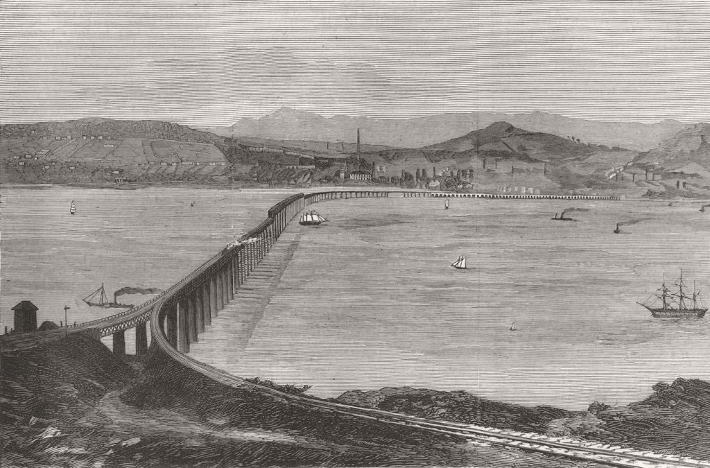SCOTLAND. Tay Bridge from Fife(South) Bank 1880 old antique print picture
